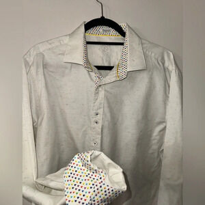 BUGATCHI Men's Shaped Fit Long Sleeve Dress Shirt Size L White & Rainbow